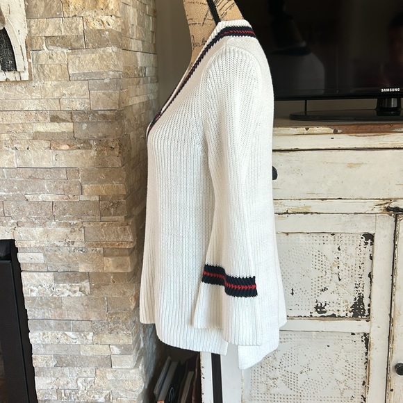 Cabi Ace pullover cream knit vneck sweater bell sleeve red blue stripe side slit - Picture 8 of 16